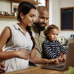 African American mom, dad and baby looking at computer screen in the kitchen searching for the Medela Pump in Style